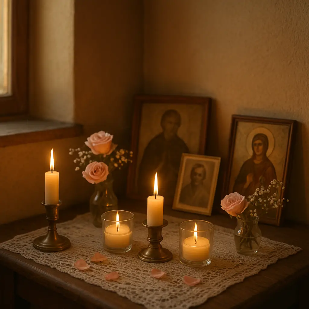 Un petit autel familial dans un coin de pièce, avec des bougies allumées, des images de saints et des fleurs.