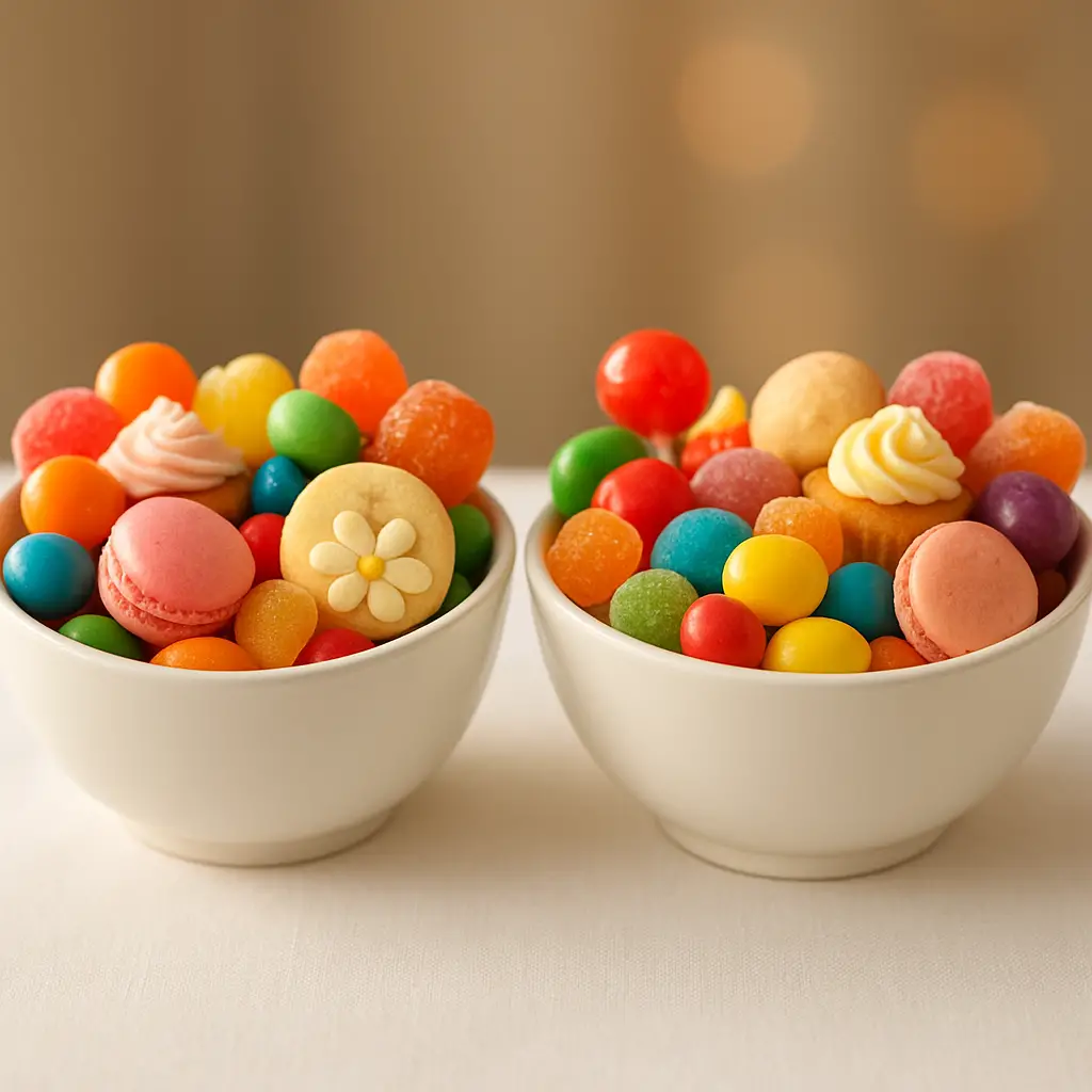 Deux bols identiques remplis de bonbons colorés et de gâteaux, posés côte à côte sur une nappe blanche.
